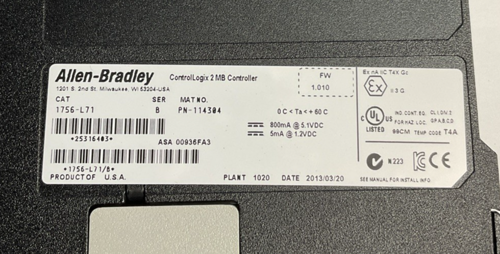 ALLEN BRADLEY 1756-L71 PLC CONTROLLER SER.B 5.1VDC 2MB