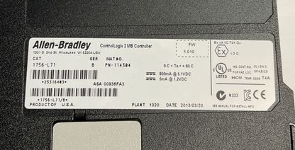 ALLEN BRADLEY 1756-L71 PLC CONTROLLER SER.B 5.1VDC 2MB