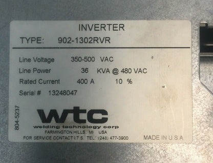 WELDING TECHNOLOGY CORP 902-1302RVR GEN6 MFDC INVERTER 350-500VAC 36KVA 400A WTC