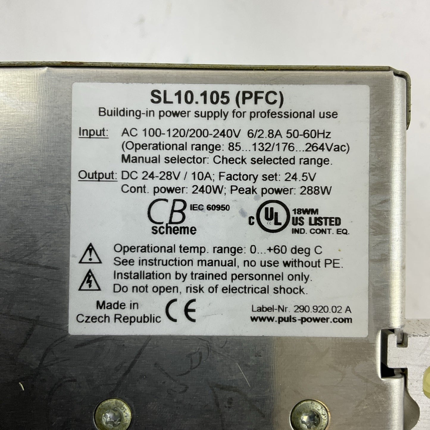 PULS SL10.105 POWER SUPPLY OUTPUT 24-28VDC 10A INPUT 100-120/200-240VAC 6/2.8A