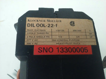 KLOCKNER MOELLER DIL00L-22-F CONTACTOR 3P 3PH, 277/300VAC, 20A, 3/4HP, 115V COIL