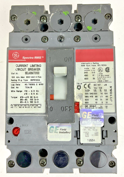GE SELA36AT0100 CIRCUIT BREAKER 100A 600VAC 3POLE W/SRPE100A100 TRIP