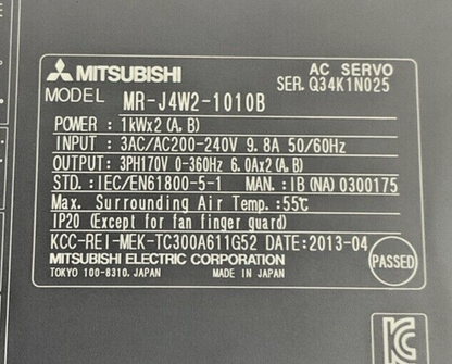 MITSUBISHI MR-J4W2-1010B SERVO DRIVE MODULE 1KWx2 240VAC 908A 50/60HZ