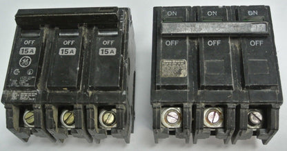 GENERAL ELECTRIC CIRCUIT BREAKER - 3-POLE, COMMON TRIP - 15A - BOLT-ON, LOT of 2