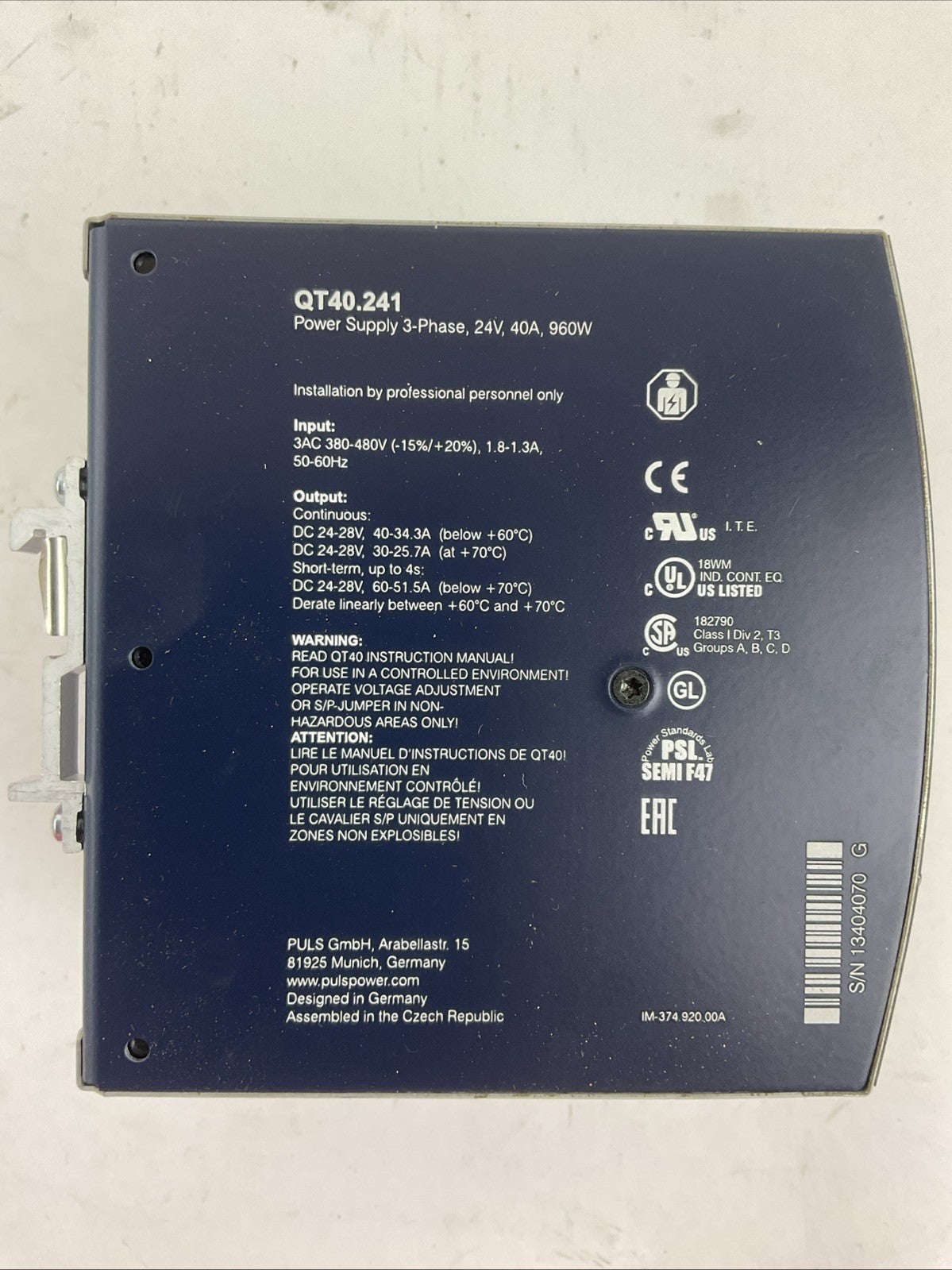 PULS QT40.241 POWER SUPPLY OUTPUT 24-28VDC INPUT 380-480VAC 1.8-1.3A 50-60HZ