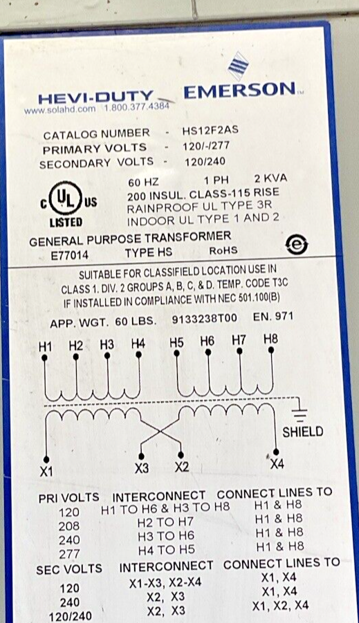EMERSON HEVI-DUTY HSF12F2AS TRANSFORMER 277V 1PH 2KVA 60HZ