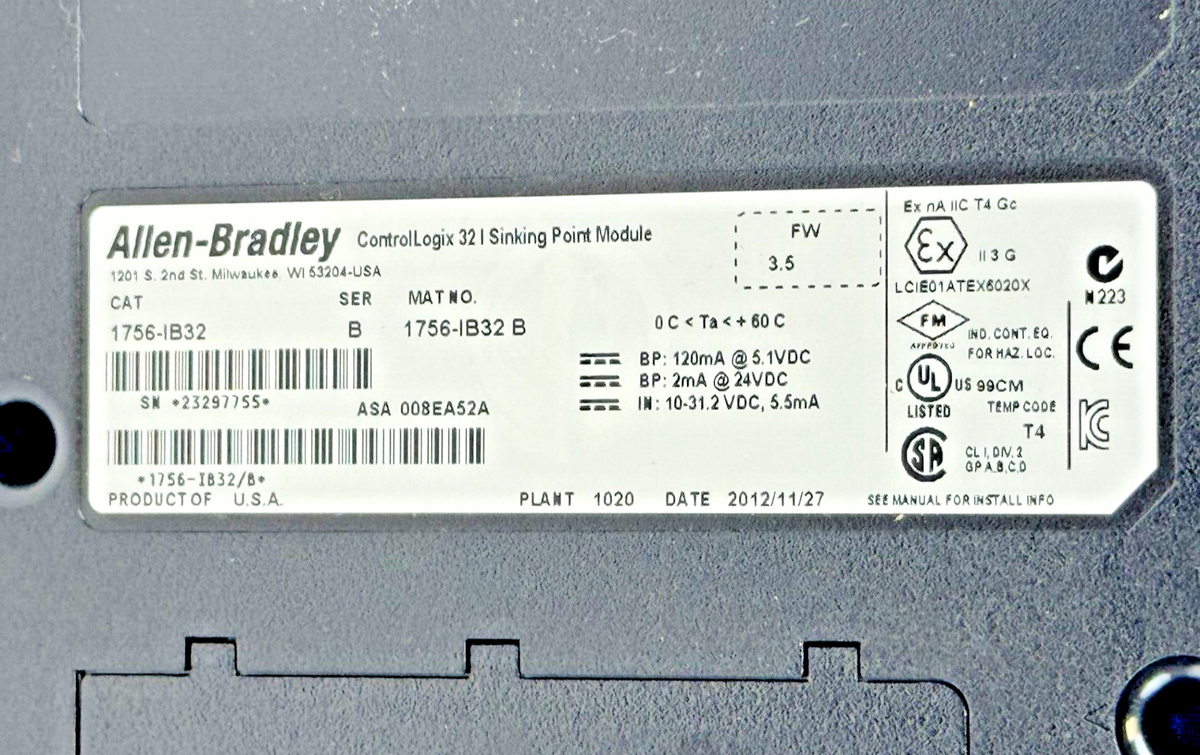 ALLEN-BRADLEY - 1756-IB16 SER. B FW: 3.5 - CONTROL LOGIX 32 SINKING POINT MODULE
