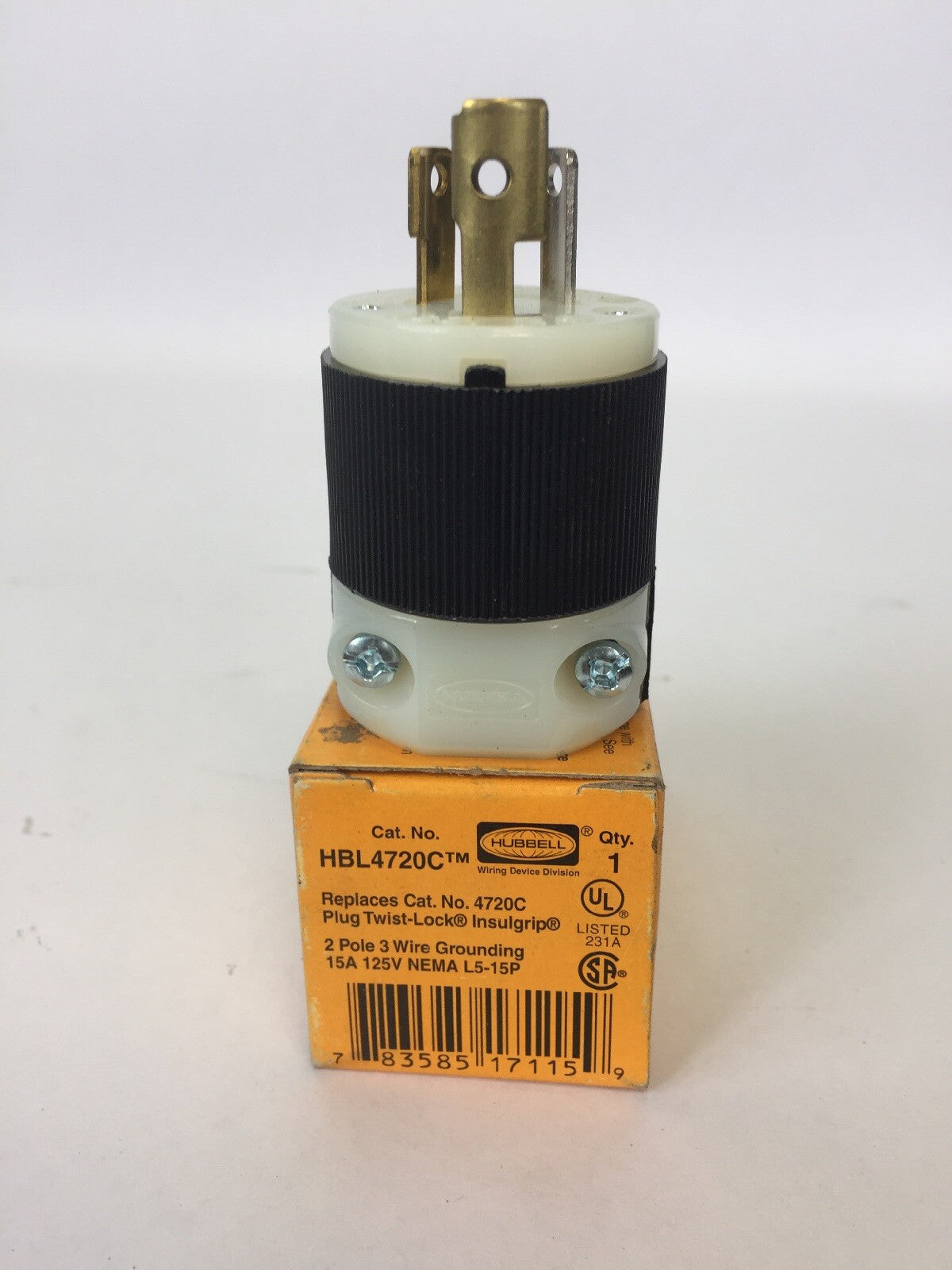 HUBBELL HBL4720C PLUG TWIST-LOCK INSULGRIP 2 POLE 15A 125V 3 WIRE GROUNDING