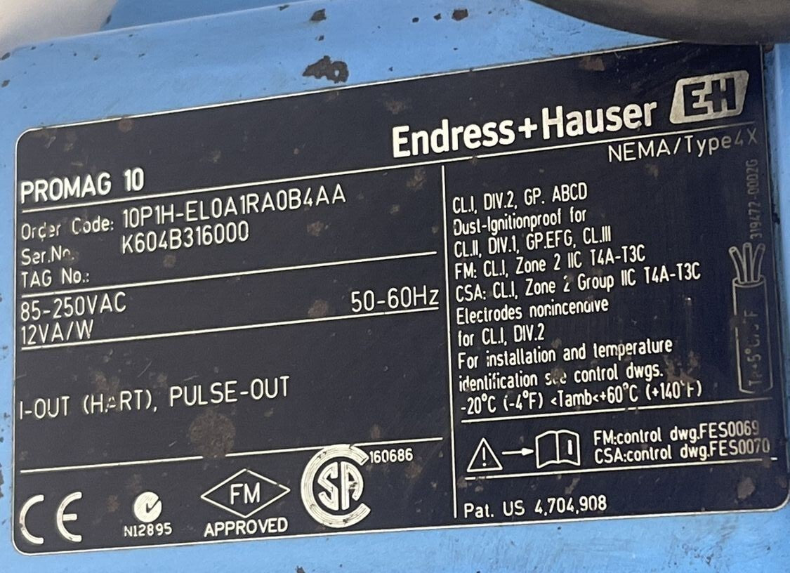 ENDRESS+HAUSER 10P1H-EL0A1RA0BAA ELECTROMAGNETIC FLOW METER 85-250VAC TYPE 4X