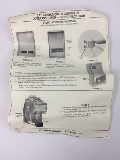 CUTLER HAMMER C400KG4A COVER CONTROL KIT PILOT LIGHT 120 V 60 HZ