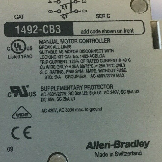 ALLEN BRADLEY 1492-CB3 MANUAL MOTOR CONTROLLER SER C 20A 10HP 480Y/277VAC 3HP