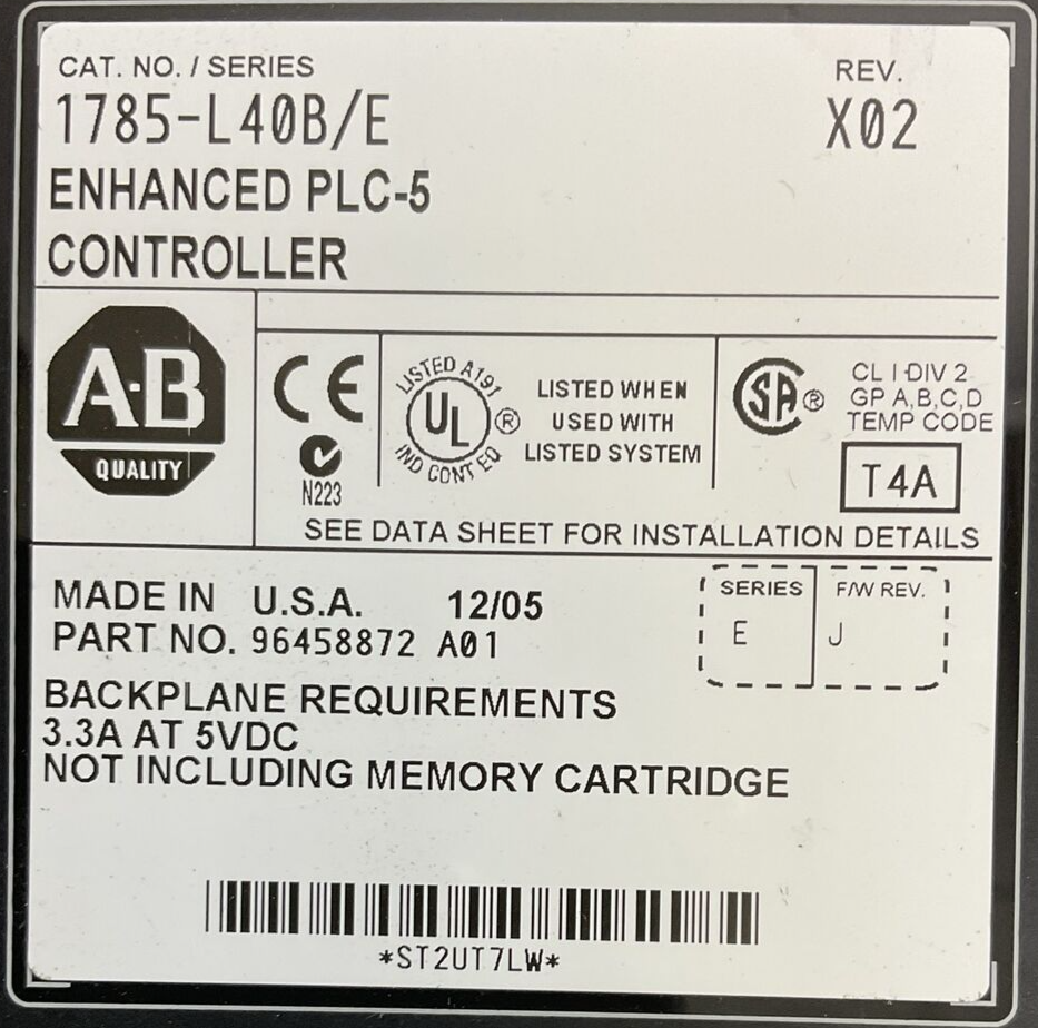ALLEN BRADLEY 1785-L40B SER E F/W REV J REV X02 ENHANCED PLC-5 CONTROLLER 5VDC