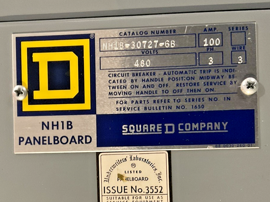 SQUARE D NH1B-30727-6B PANELBOARD 100A 480V 3PH 3WIRE