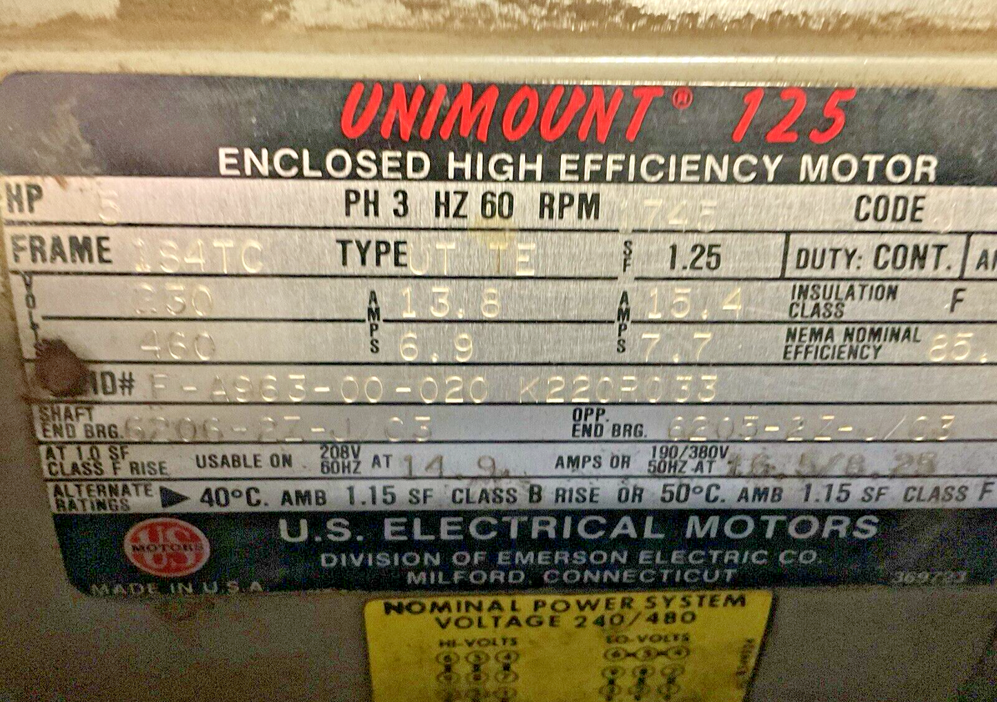UNIMOUNT 125 US ELECTRICAL MOTORS FA96300020 1745RPM 184TC K220R033 5HP 13.8AMPS