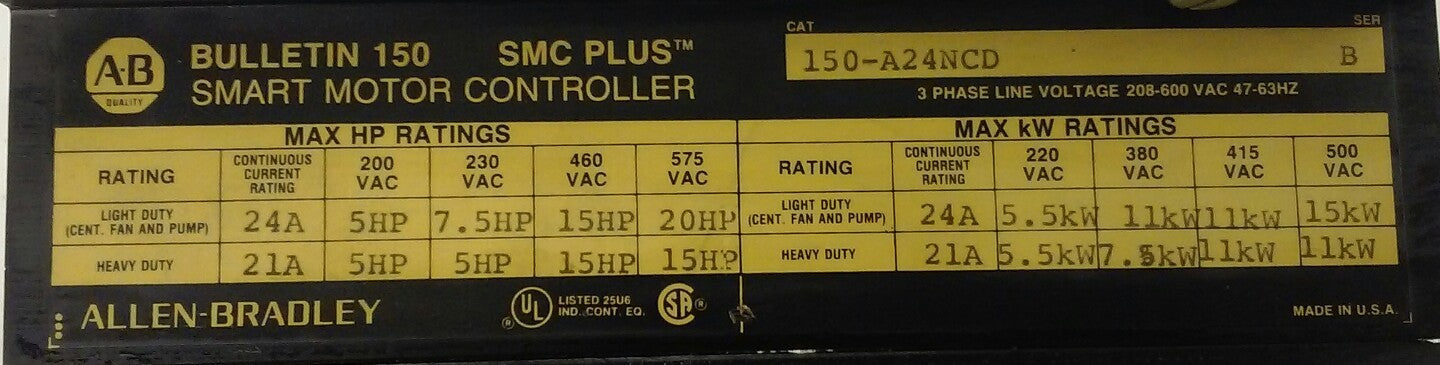 ALLEN BRADLEY150-A24NCD SMART MOTOR CONTROLLER SMC PLUS, 3PH, 208-600V, 47-63HZ