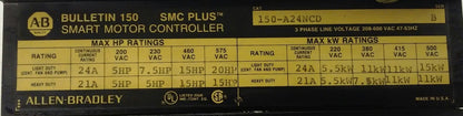 ALLEN BRADLEY150-A24NCD SMART MOTOR CONTROLLER SMC PLUS, 3PH, 208-600V, 47-63HZ