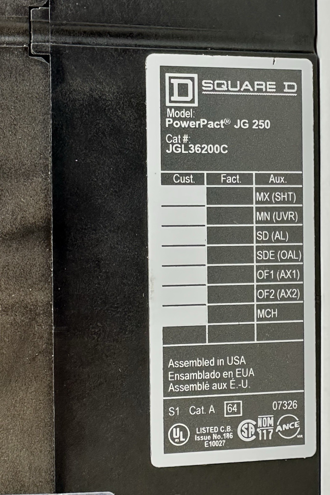 SQUARE D JGL36200C CIRCUIT BREAKER 200A 3P 600V 35kA POWERPACT J