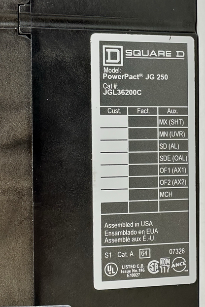 SQUARE D JGL36200C CIRCUIT BREAKER 200A 3P 600V 35kA POWERPACT J