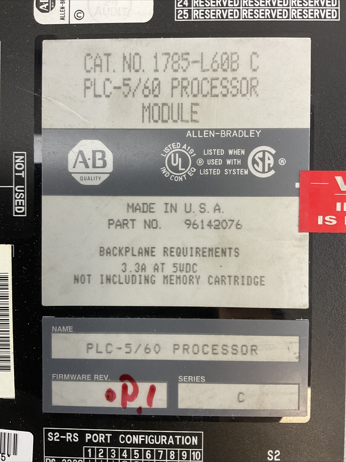 ALLEN BRADLEY 1785-L60B PLC 5/60 PROCESSOR MODULE SERIES C 3.3A AT 5VDC