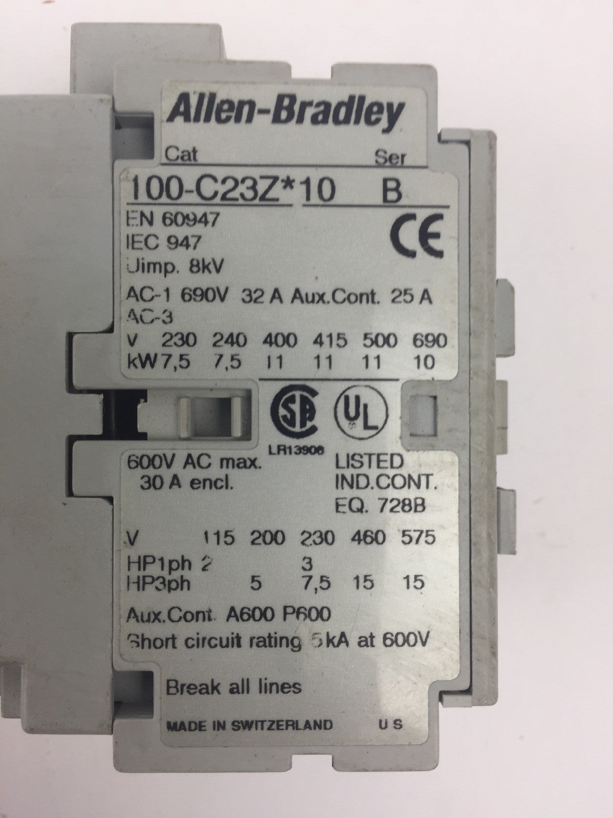 ALLEN BRADLEY 100-C23Z*10 CONTACTOR SER B 600VAC 30A COIL 24VDC
