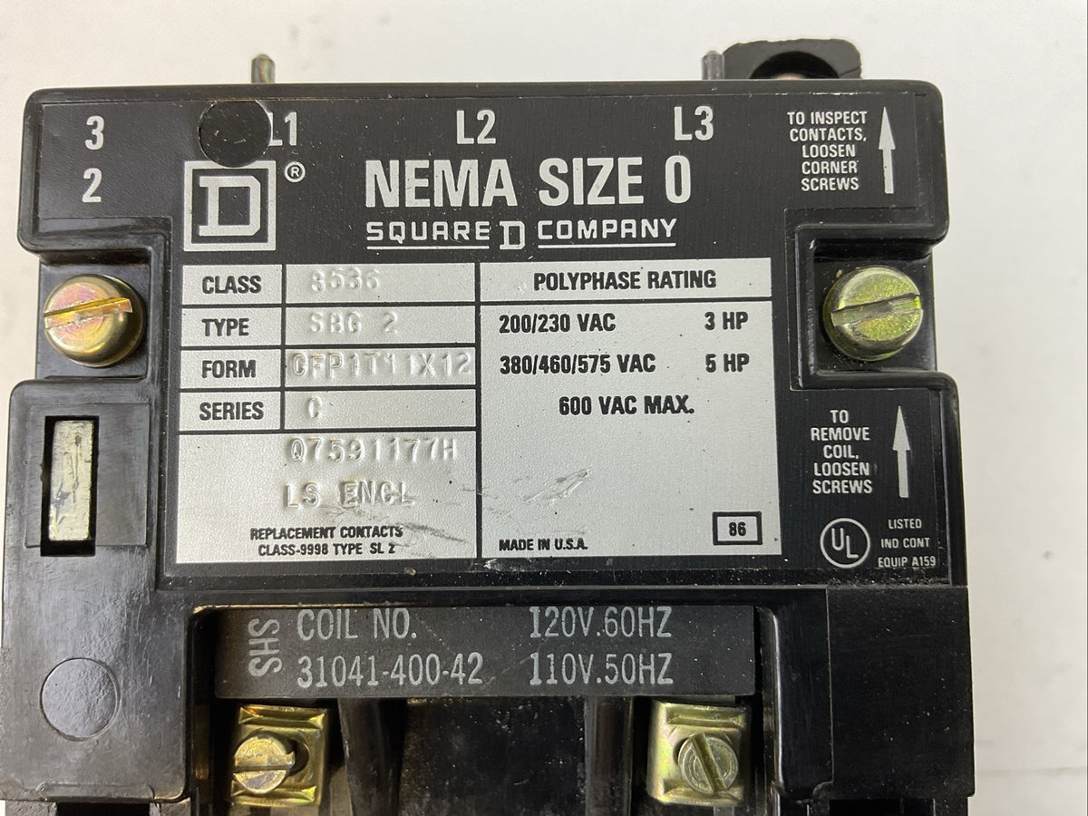 SQUARE D 8536SBG2 SIZE 0 STARTER 600VAC 5HP B3.70 HEATERS 31041-400-42 COIL 120V