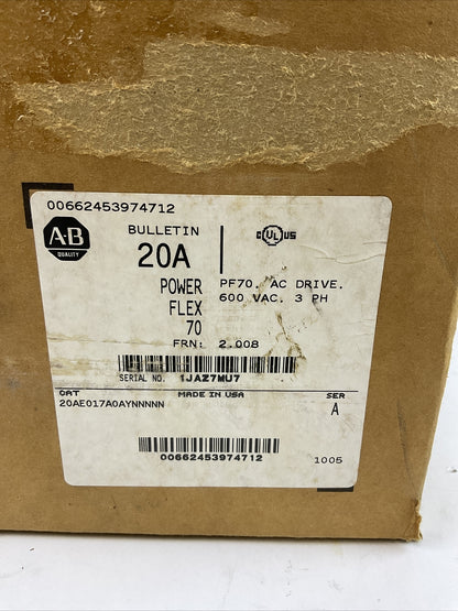 ALLEN BRADLEY 20AE017A0AYNNNNN AC DRIVE F/W 2.008 SER A 15HP OUTPUT 0-575VAC 3PH