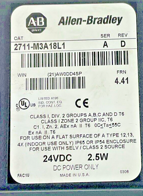 ALLEN BRADLEY 2711-M3A18L1 PANELVIEW OPERATOR PANEL SER.A REV.D FRN 4.41