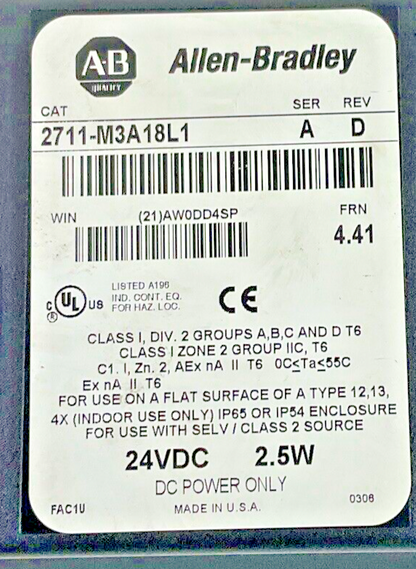 ALLEN BRADLEY 2711-M3A18L1 PANELVIEW OPERATOR PANEL SER.A REV.D FRN 4.41