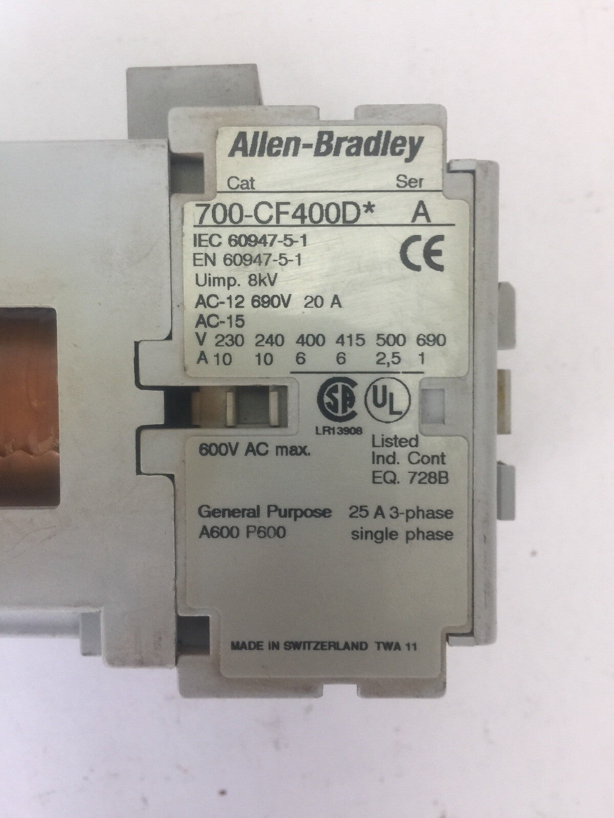 ALLEN BRADLEY 700-CF400D* CONTACTOR  SER A 600VAC 25A COIL 24VDC