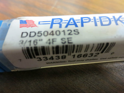 RAPIDKUT CUTTING TOOLS, LOT of 3 END MILLS 3/16" 4F SE, 1/8" 2F SE BE, 3/16" 2E.