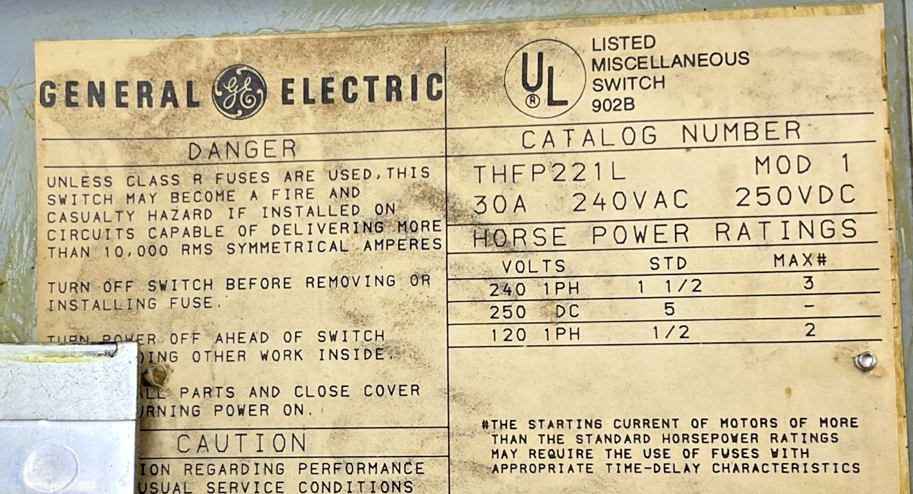 GENERAL ELECTRIC THFP221L DISCONNECT SWITCH MOD.1 30A 240VAC 250VDC