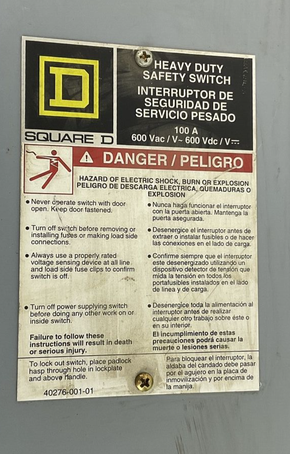 SQUARE D H363 SAFETY SWITCH SER.F05 100A 600VAC FUSIBLE