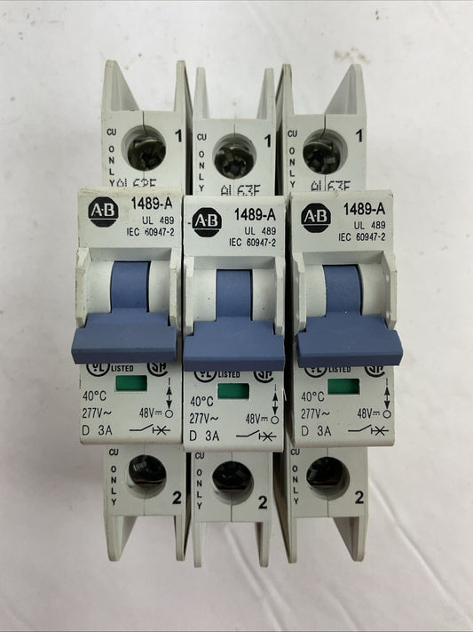ALLEN BRADLEY 1489-A1D030 CIRCUIT BREAKER 1POLE 2A 277VAC SER A (LOT OF 3)