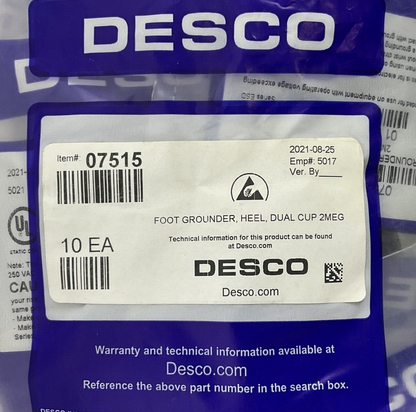 DESCO 07515 FOOT GROUNDER HEEL DUAL CUP 2MEG BAG OF 10