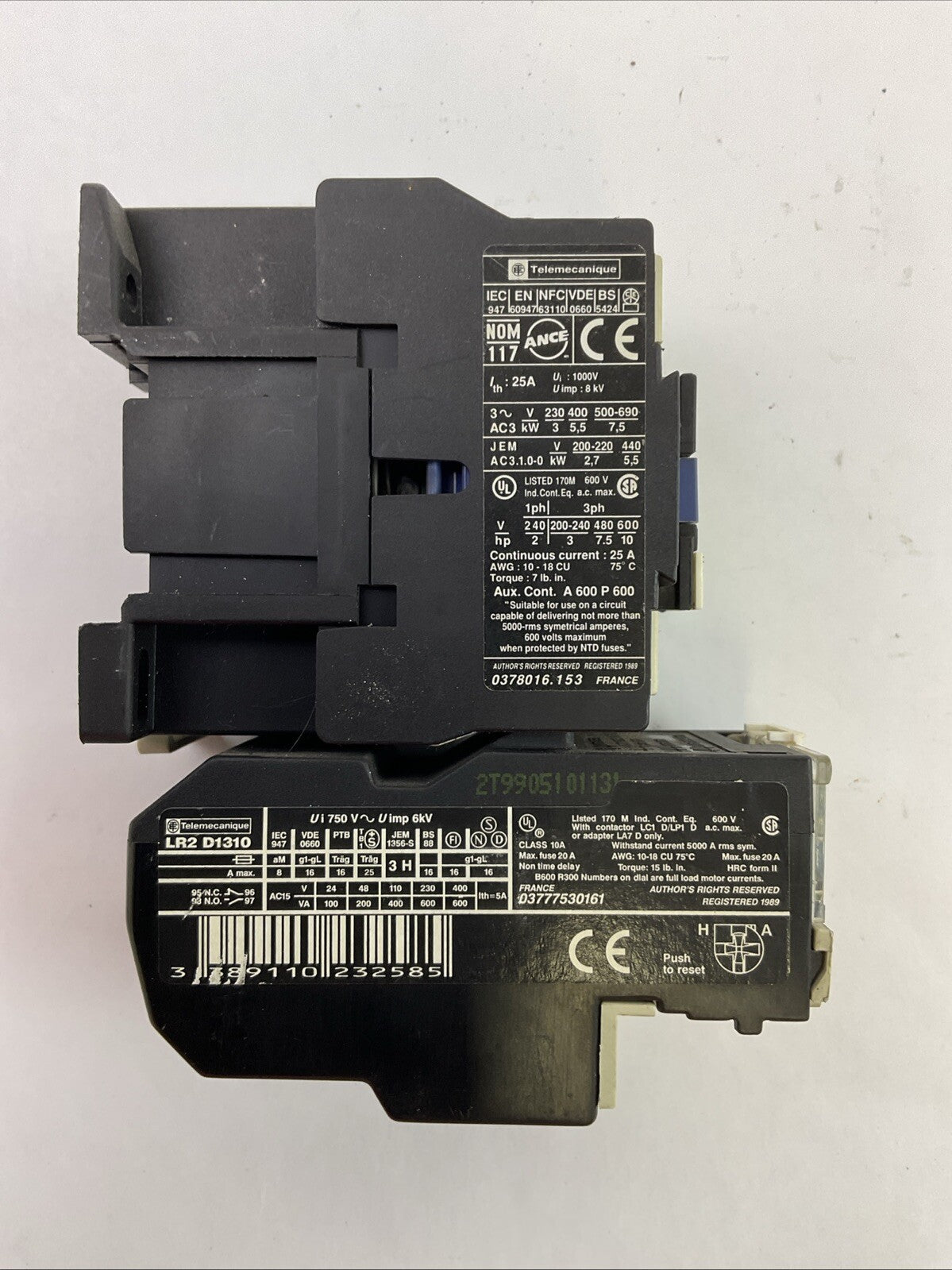 TELEMECHANIQUE STARTER (LC1 D1210 CONTACTOR 600VAC COIL 120V + LR2 D1310 4-6A)