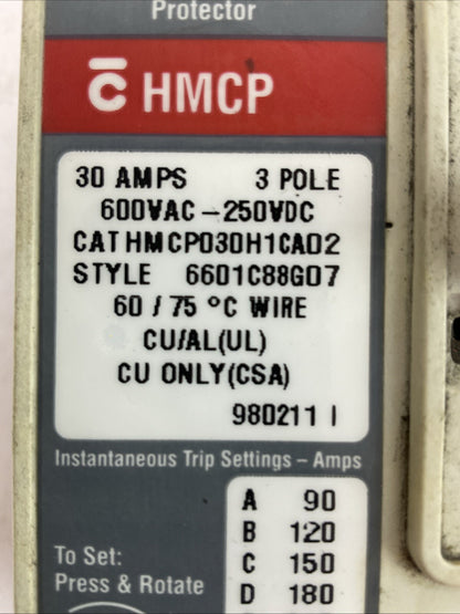 CUTLER HAMMER HMCP030H1CA02 CIRCUIT BREAKER 30A 600VAC 3P A1XILB AUX SWITCH