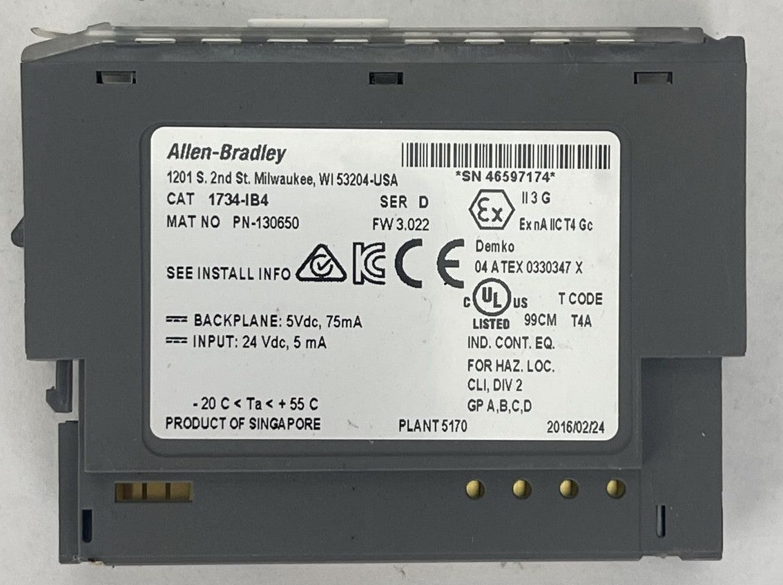 ALLEN BRADLEY 1734-IB4 SER D FW 3.022 INPUT MODULE BACKPLANE 5VDC 75mA INPUT 24V