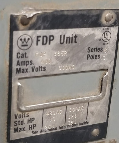 Westinghouse FDP365R Fusible Panelboard Switch 400A 600VAC 3 Pole