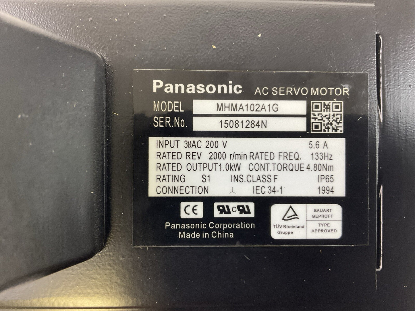 PANASONIC MHMA102A1G AC SERVO MOTOR INPUT 200VAC REV 2000 R/MIN OUTPUT 1.0kW