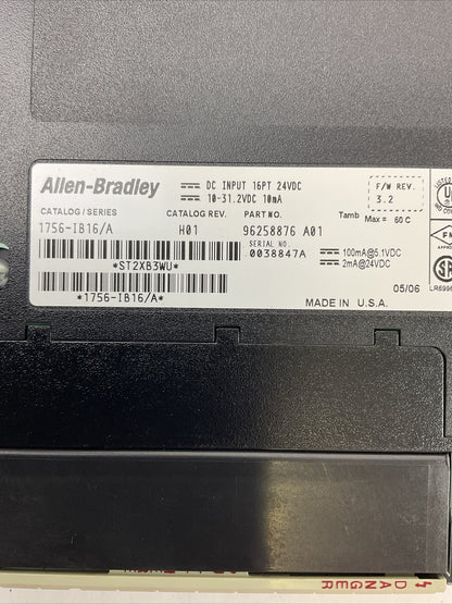 ALLEN BRADLEY 1756-IB16 SER A CAT REV H01 F/W REV 3.2 DC INPUT 16PT 24VDC