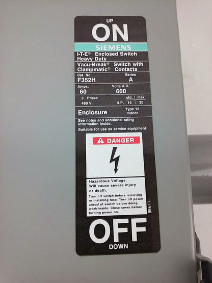 SIEMENS F352H, SER. A, 600VAC, 60A, 3PH, H.D. TYPE 12 ENCLOSED SWITCH INDOOR,NEW