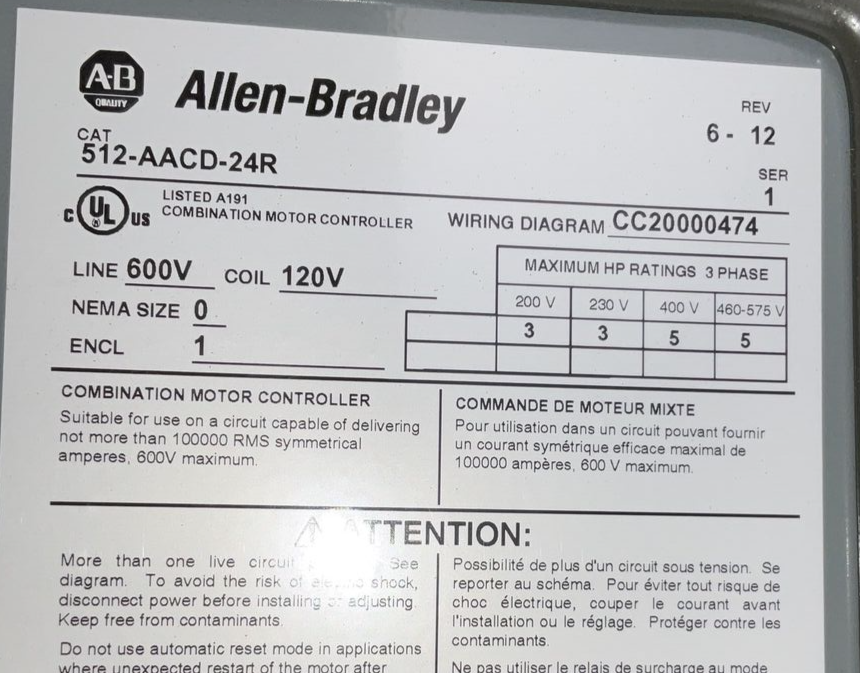 ALLEN BRADLEY 512-AACD-24R COMBINATION CONTROLLER REV.6-12 600V SER.1 3PH