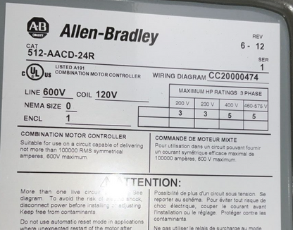 ALLEN BRADLEY 512-AACD-24R COMBINATION CONTROLLER REV.6-12 600V SER.1 3PH