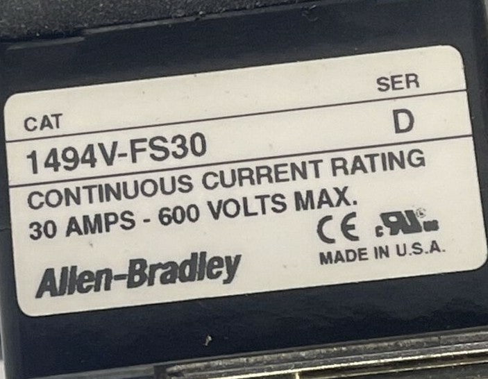 ALLEN BRADLEY 1494V-DS30 SER D DISCONNECT SWITCH 1494V-FS30 SER D LPJ-20SP