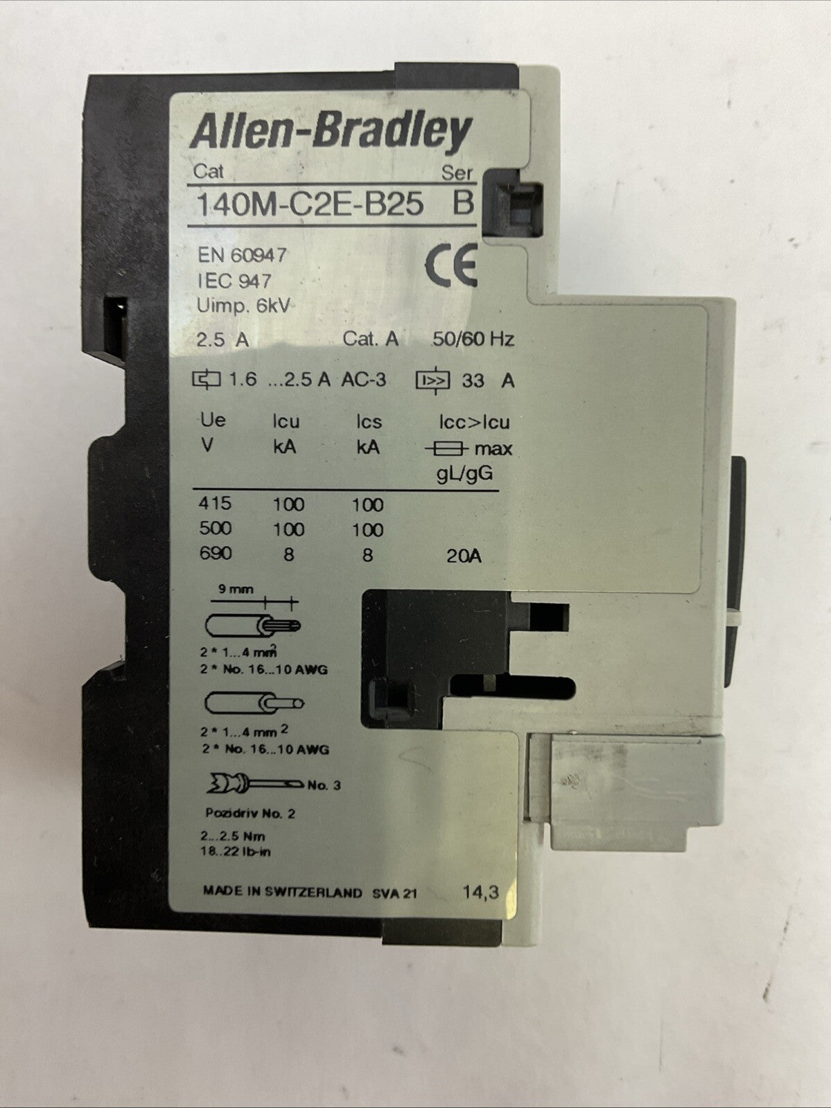 ALLEN BRADLEY 140M-C2E-B25 MOTOR CIRCUIT BREAKER SER B 1.6-2.5A TRIP