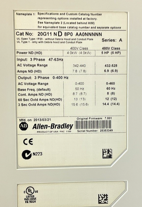 ALLEN BRADLEY 20G11ND8P0AA0NNNNN SER.A AC SERVO DRIVE 5HP 63HZ 3PH