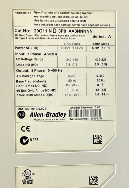 ALLEN BRADLEY 20G11ND8P0AA0NNNNN SER.A AC SERVO DRIVE 5HP 63HZ 3PH