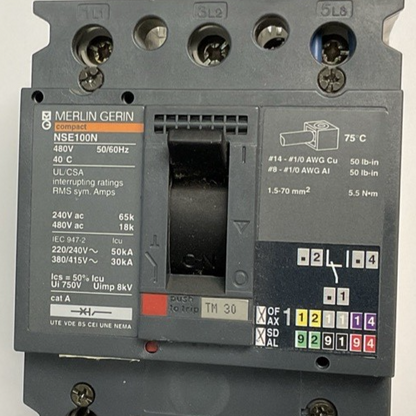 MERLIN GERIN NSE100N NENL34030 CIRCUIT BREAKER 30A 480V *SHUNT WIRE LENGTH VARY*