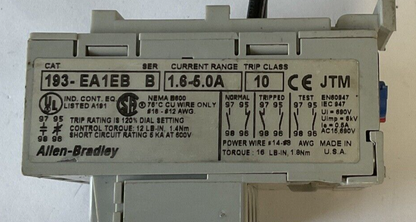 ALLEN BRADLEY 193-EA1EB OVERLOAD RELAY SER. B 1.6-5.0A TRIP CLASS 10