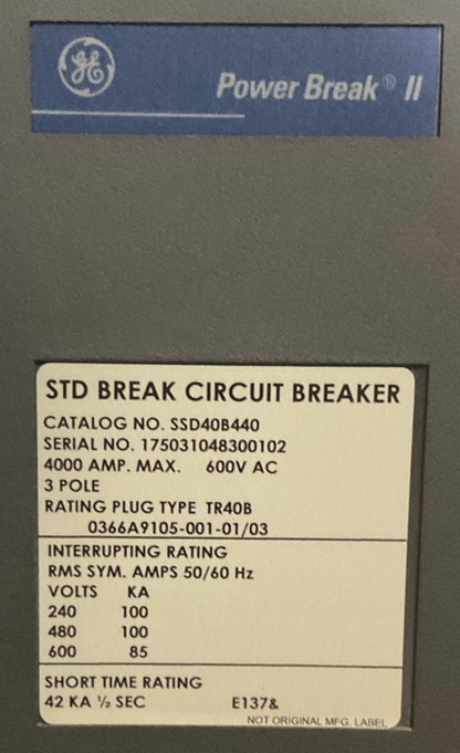 GE SSD40B440 600VAC 3POLE 4000AMP POWER BREAK II STD BREAK CIRCUIT BREAKER